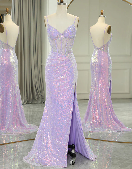 Sparkly Purple Mermaid Corset Backless Prom Dress With Slit