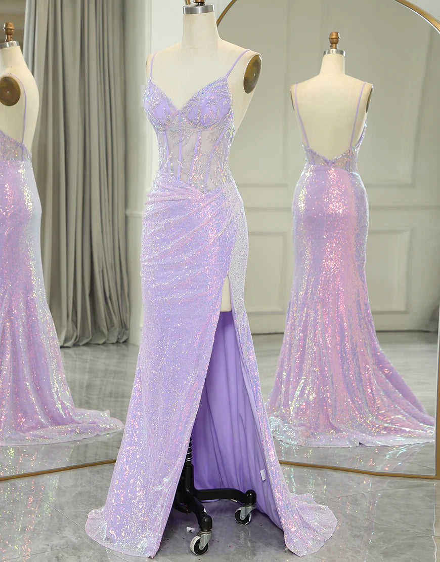 Sparkly Purple Mermaid Corset Backless Prom Dress With Slit
