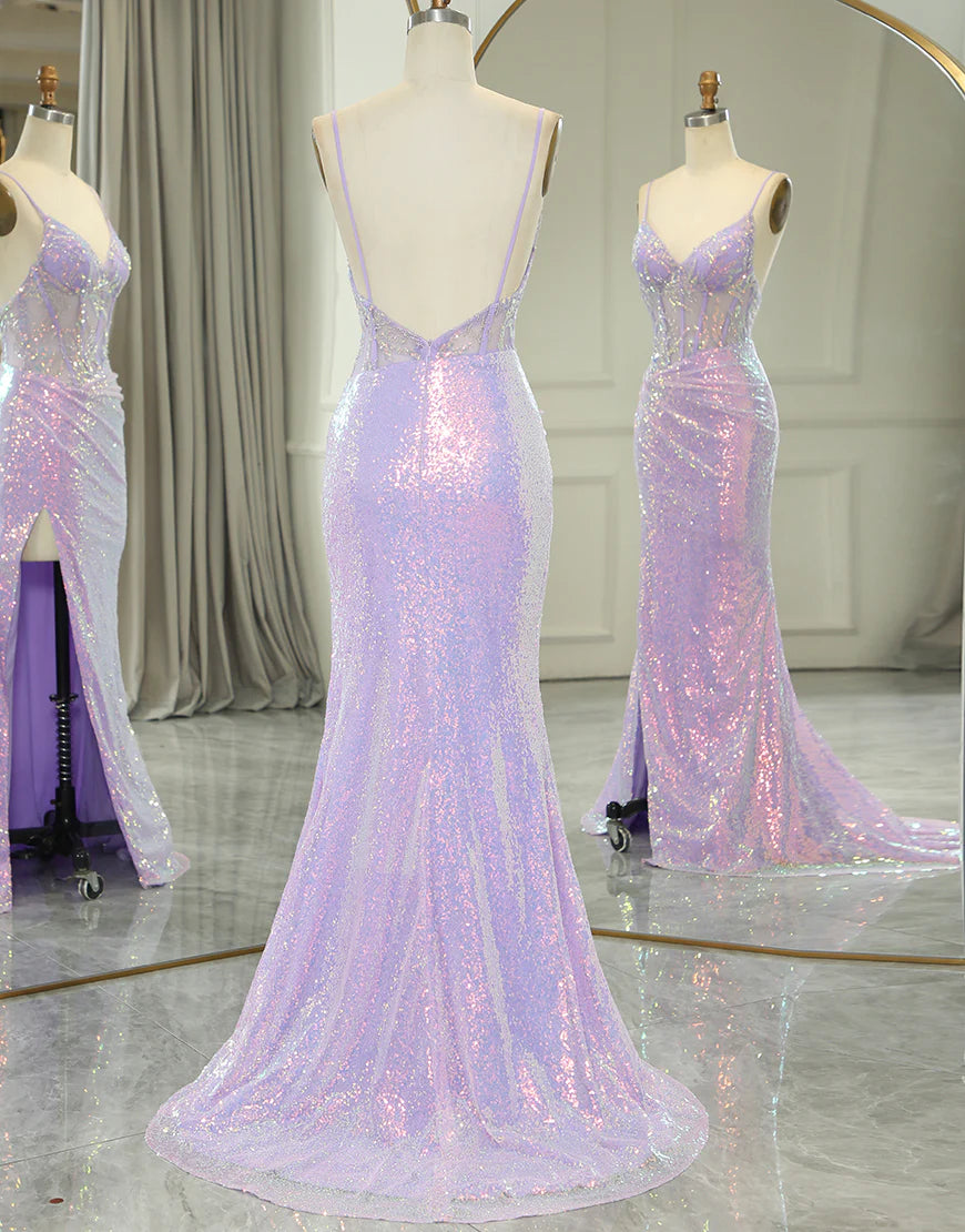 Sparkly Purple Mermaid Corset Backless Prom Dress With Slit