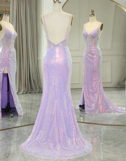 Sparkly Purple Mermaid Corset Backless Prom Dress With Slit