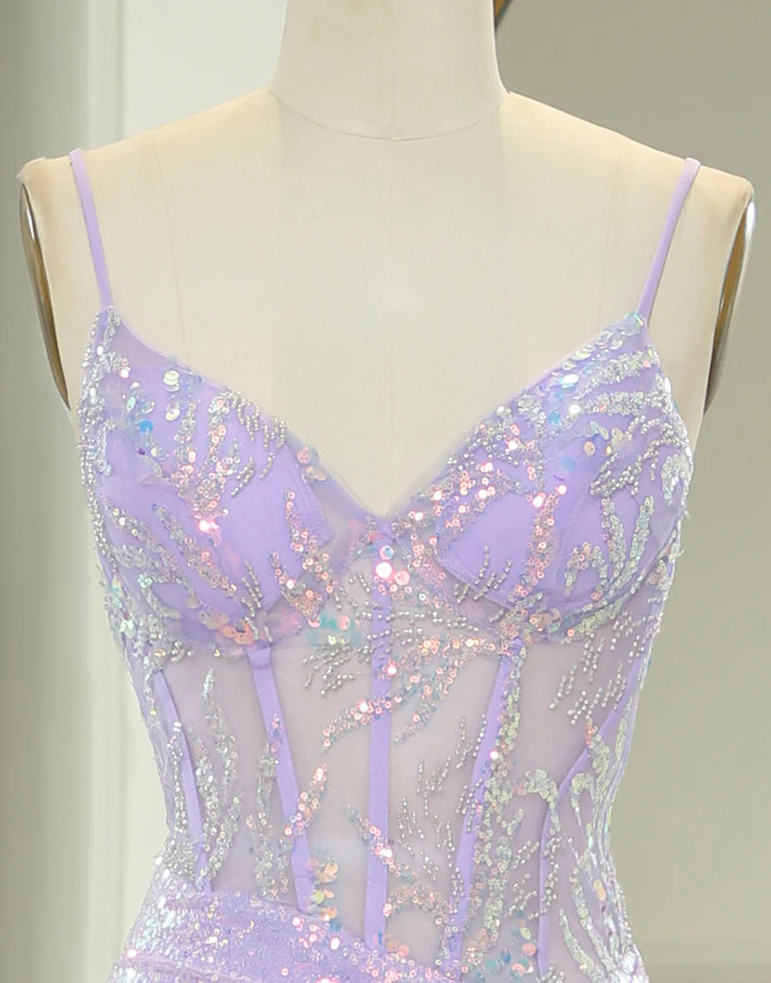 Sparkly Purple Mermaid Corset Backless Prom Dress With Slit