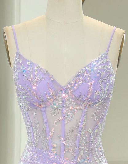 Sparkly Purple Mermaid Corset Backless Prom Dress With Slit