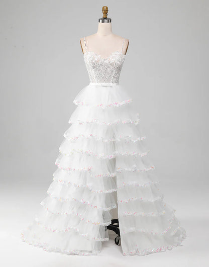 Glitter White A-Line Princess Lace Tier Long Prom Dress with Slit