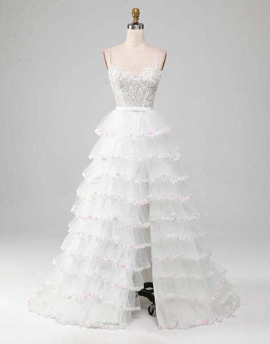 Glitter White A-Line Princess Lace Tier Long Prom Dress with Slit
