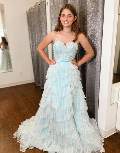 A Line Princess Spaghetti Straps Tier Long Prom Dress With Slit