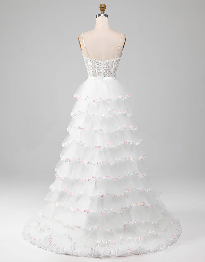 Glitter White A-Line Princess Lace Tier Long Prom Dress with Slit