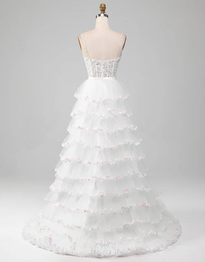 Glitter White A-Line Princess Lace Tier Long Prom Dress with Slit