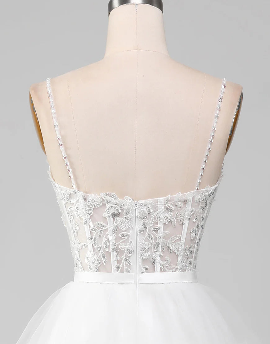 Glitter White A-Line Princess Lace Tier Long Prom Dress with Slit