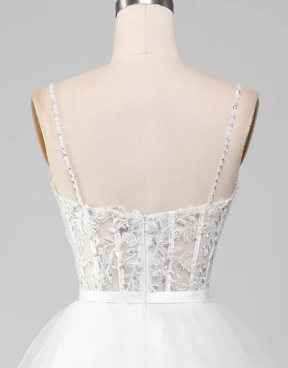 Glitter White A-Line Princess Lace Tier Long Prom Dress with Slit