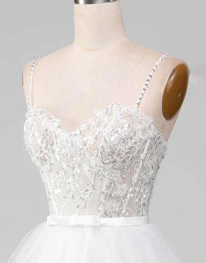 Glitter White A-Line Princess Lace Tier Long Prom Dress with Slit