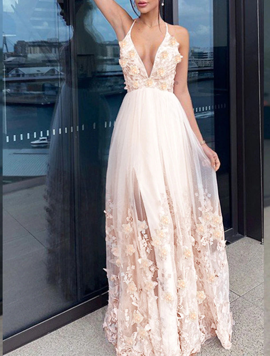 A-Line Evening Gown Floral Dress Floor Length Short Sleeve V Neck Tulle with Draping Appliques