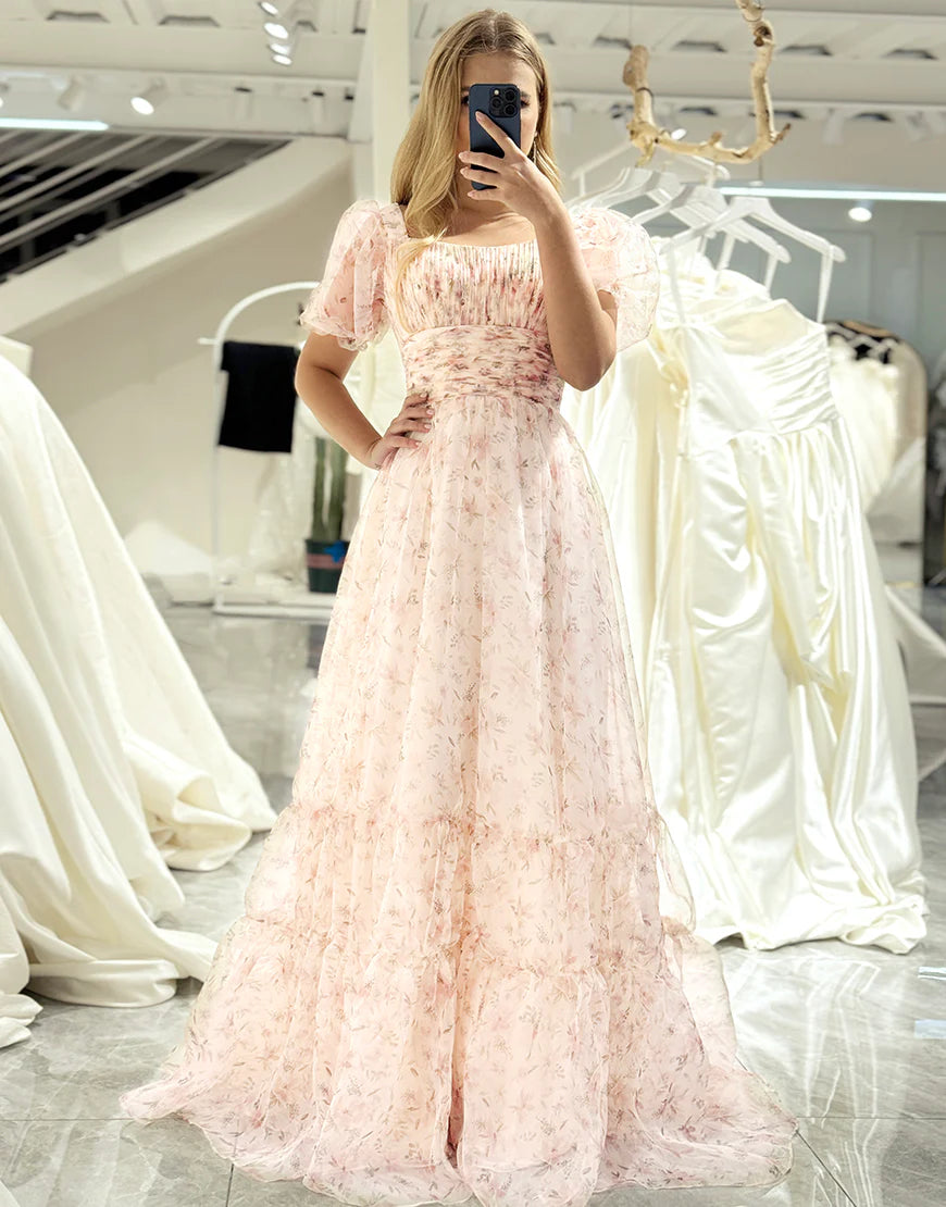 A Line Princess Square Neck Floral Print Long Prom Dress