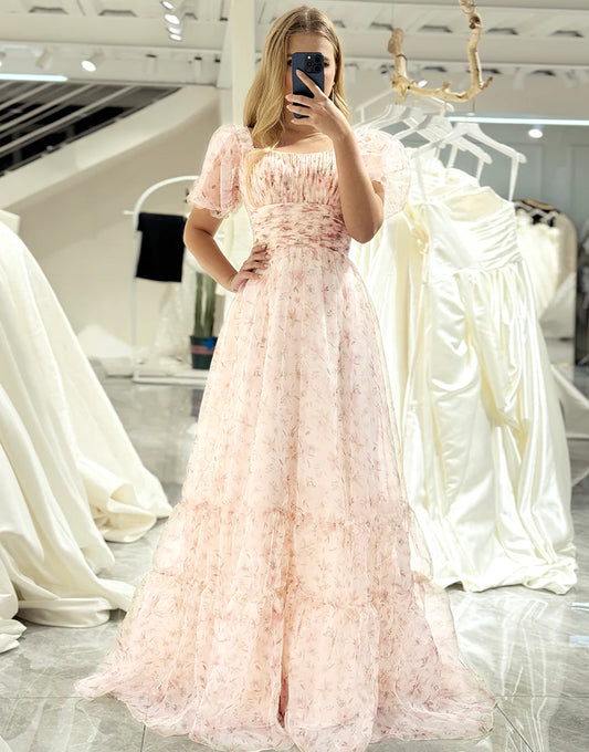 A Line Princess Square Neck Floral Print Long Prom Dress
