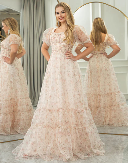 A Line Princess Square Neck Floral Print Long Prom Dress