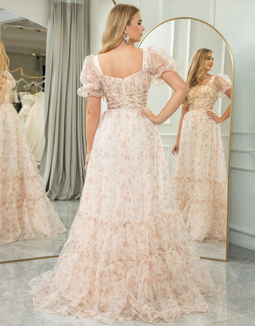 A Line Princess Square Neck Floral Print Long Prom Dress