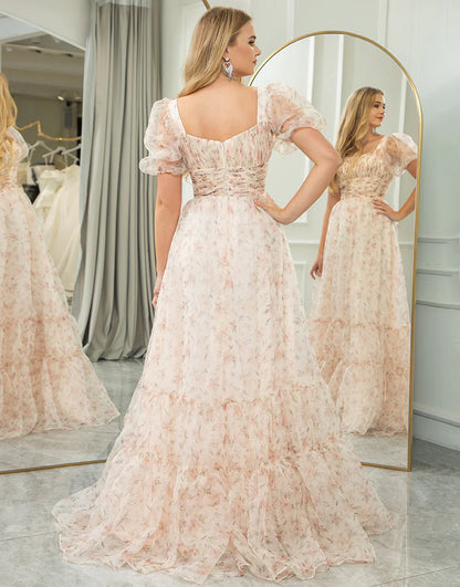 A Line Princess Square Neck Floral Print Long Prom Dress