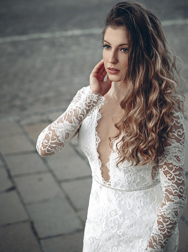 Short Wedding Dress V-Neck Long Sleeves Short Knee-Length Bridal Dresses