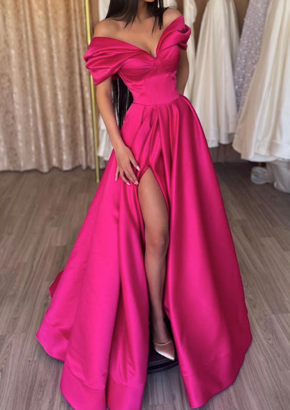 A-line Off-the-Shoulder Satin Floor-Length Prom Dress With Ruffles Split