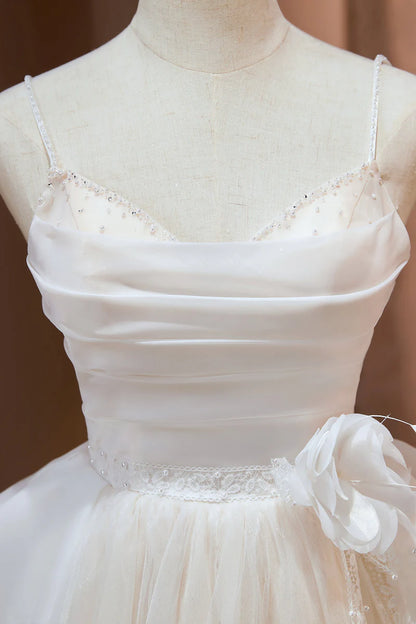 Ivory A-line Spaghetti Straps Beading Tulle Homecoming Dresses