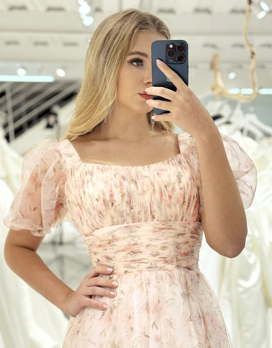 A Line Princess Square Neck Floral Print Long Prom Dress