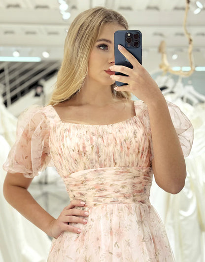 A Line Princess Square Neck Floral Print Long Prom Dress