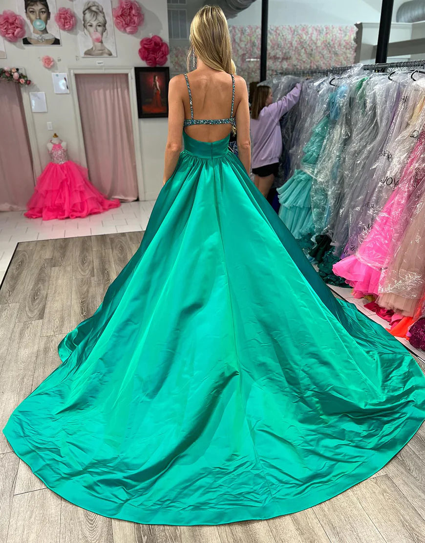 A Line V Neck Beaded Green Long Prom Dress Court Train Dresses