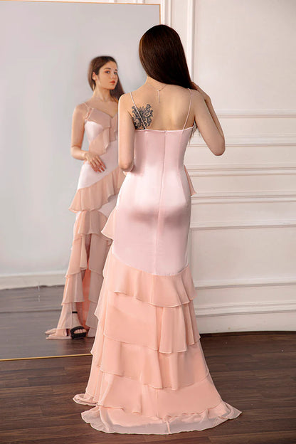 V-Neck Floor-length Light Pink Ruffled Prom Dress with Slit