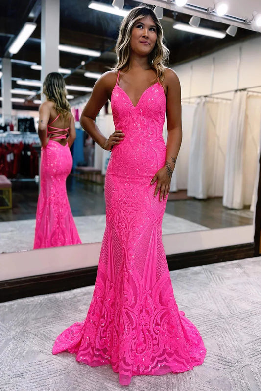 Sparkly Mermaid Backless Hot Pink Sequins V-Neck Long Prom Dress