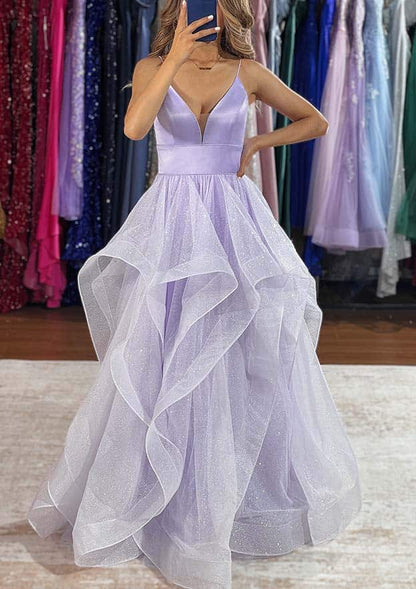 Glitter A-line V Neck Sleeveless Tulle Long Prom Dress with Ruffles