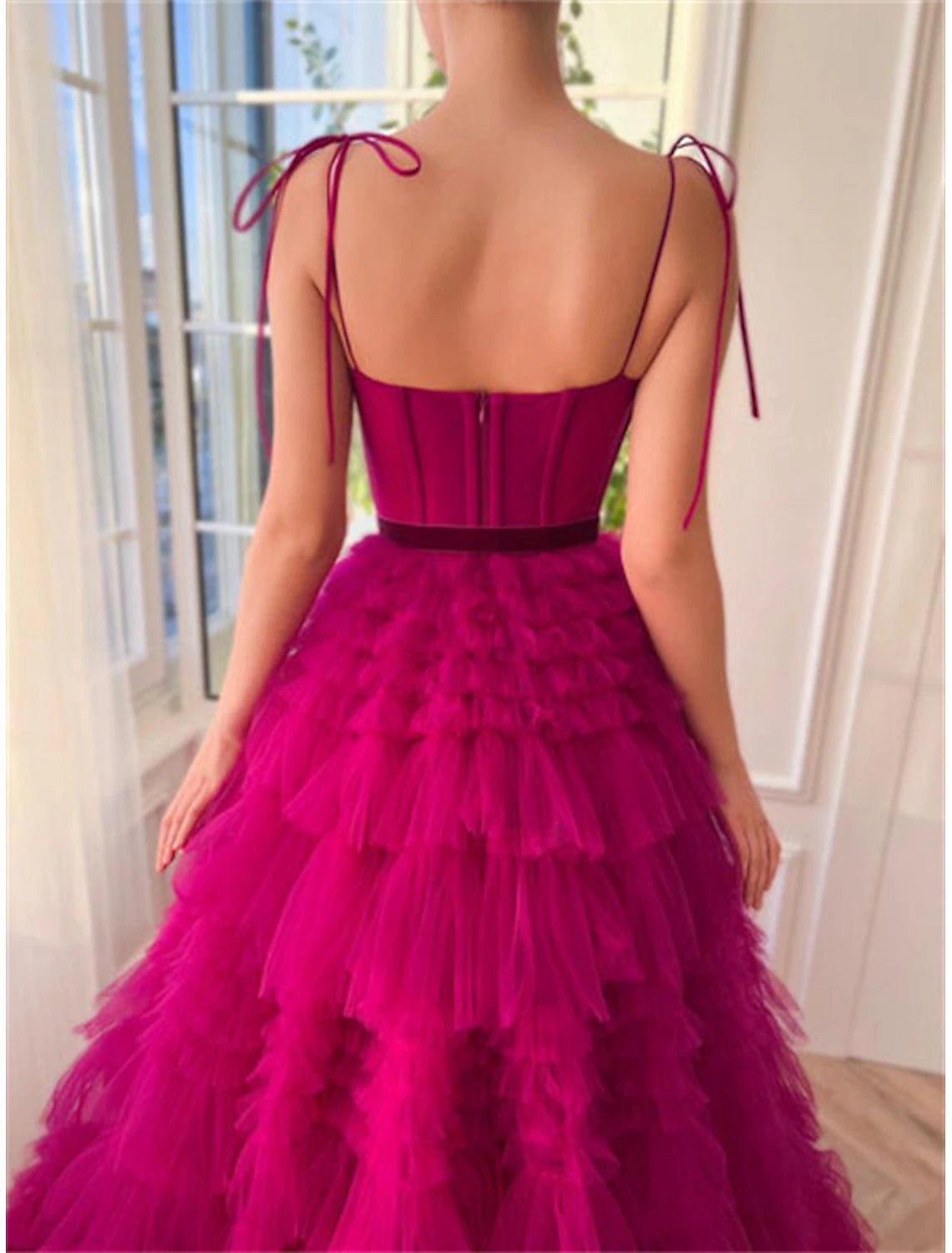 Ball Gown Evening Gown Prom Dress Floor Length Sleeveless Spaghetti Strap Tulle with Ruffles Strappy