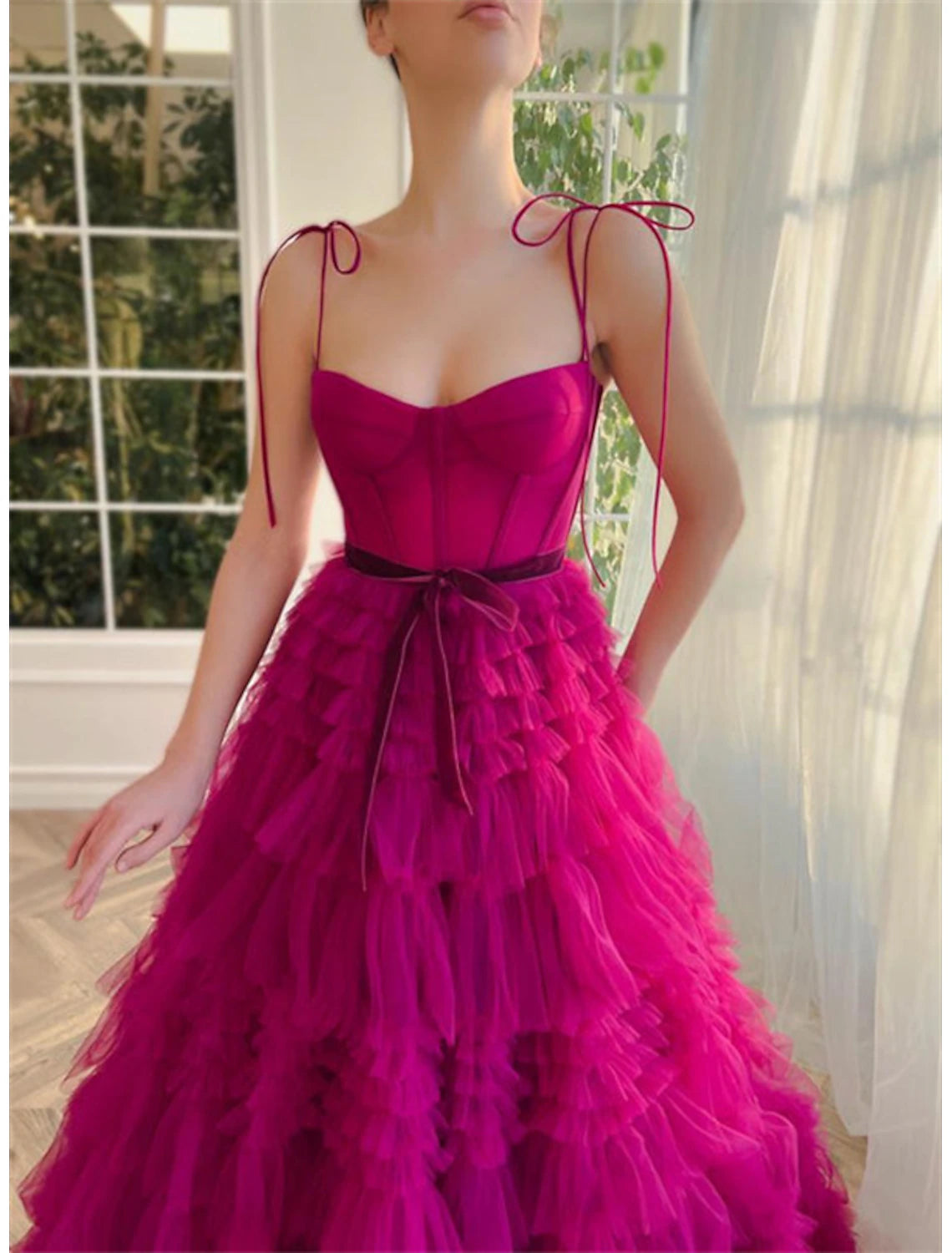 Ball Gown Evening Gown Prom Dress Floor Length Sleeveless Spaghetti Strap Tulle with Ruffles Strappy