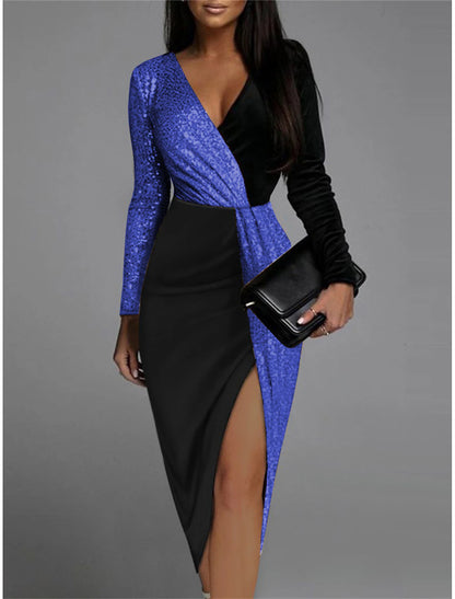 Party Dress Cocktail Dress Bodycon Split V Neck Long Sleeve Midi Dress Christmas Spring Winter