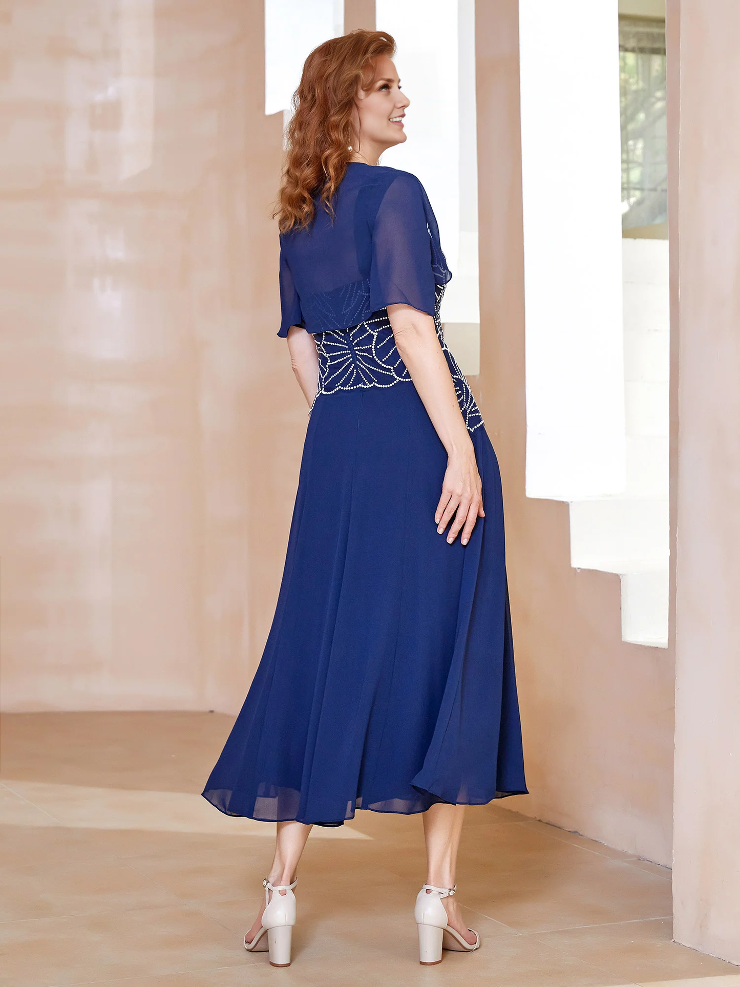Square Neckline Beaded Chiffon A-line Dress Navy Blue Chiffon Mother of the Bride Dresse