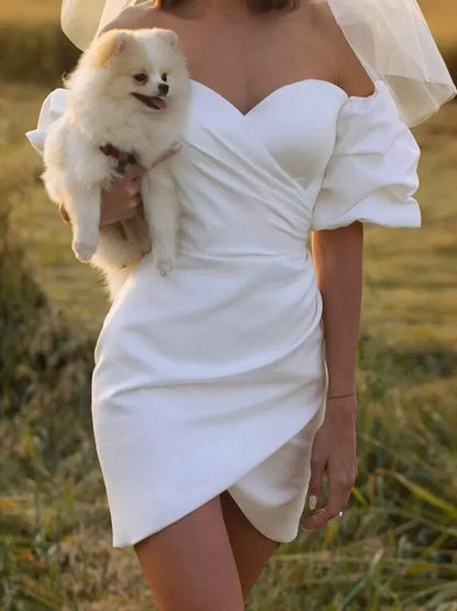Short Wedding Dresses Bateau Neck Short Sleeves Bubble Sleeved Ball Gown Bridal Gowns