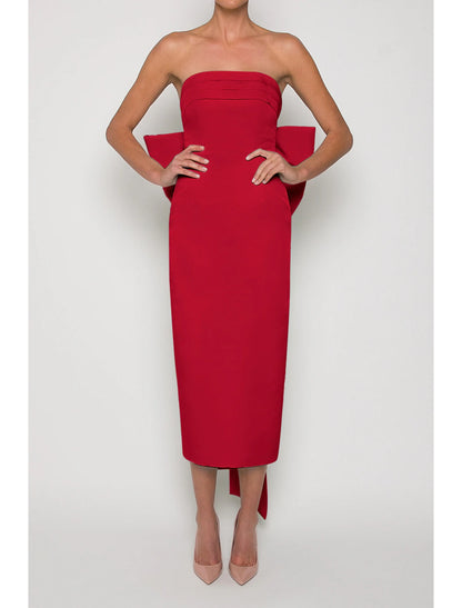 Sheath / Column Cocktail Dresses Party Dress Wedding Guest Sleeveless Strapless Fall Wedding Reception Satin with Bow(s)