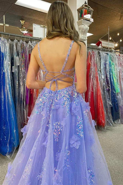 Lavender V-Neck Sequined Appliques Long Prom Dress With Slit