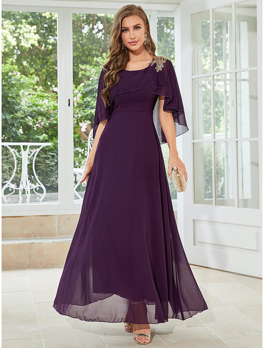 A-Line Wedding Guest Dresses Floor Length Half Sleeve Jewel Neck Chiffon with Ruffles
