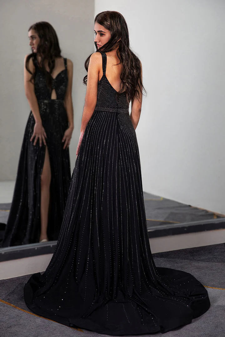 A-Line Beaded Slit Floor-length Prom Dress with Keyhole