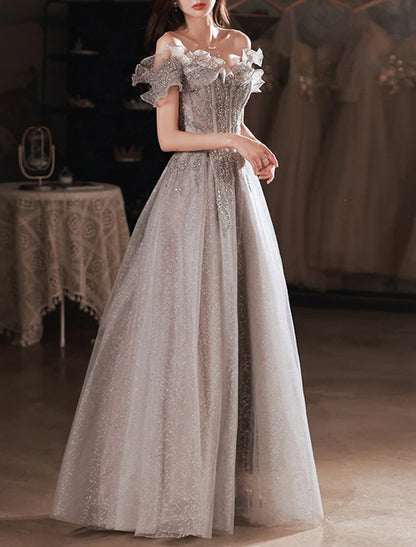A-Line Prom Dresses Sparkle & Shine Floor Length Short Sleeve Off Shoulder Polyester with Sequin Ruffles
