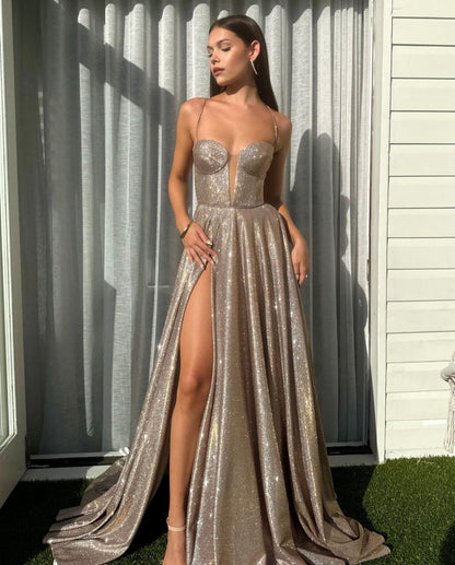 Glitter Spaghetti Strap Backless A-Line Long Prom Dress