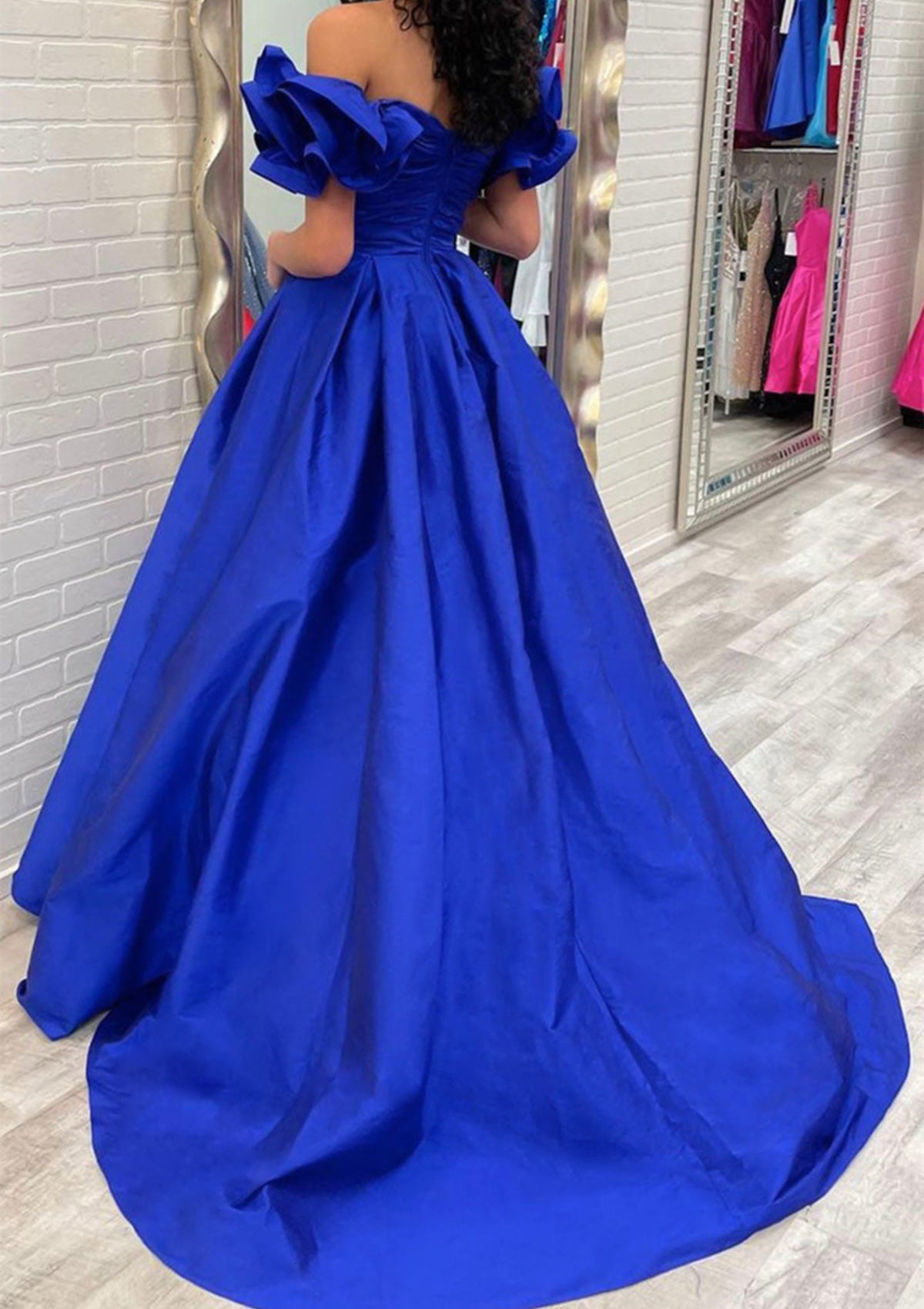 Ball Gown Off-the-Shoulder Taffeta Sweep Train Prom Dress With Pleated Ruffles