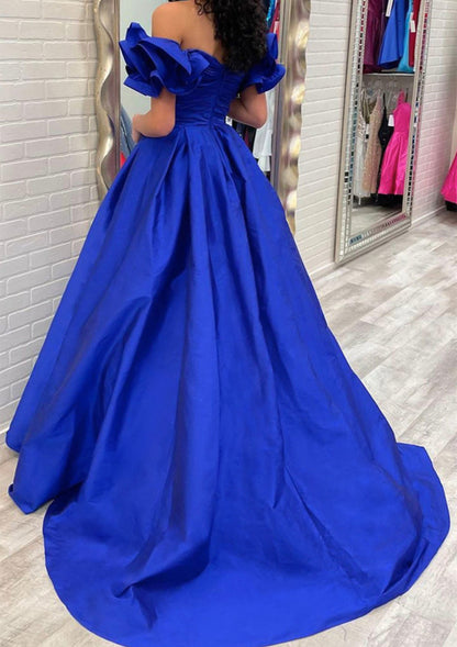 Ball Gown Off-the-Shoulder Taffeta Sweep Train Prom Dress With Pleated Ruffles