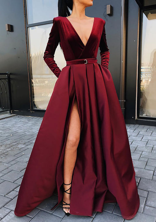 Burgundy A-line V Neck Strapless Long Satin Velvet Prom Dress With Waistband Split