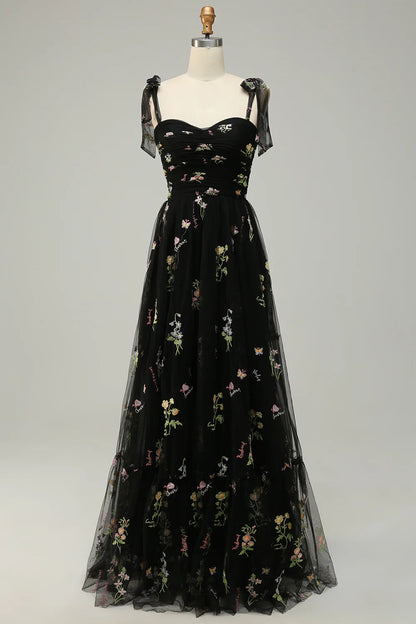 A Line Spaghetti Strap Tulle Prom Dress With Embroidery