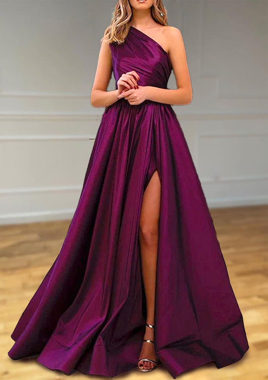 A-line One-Shoulder Satin Prom Dress With Pleated Split