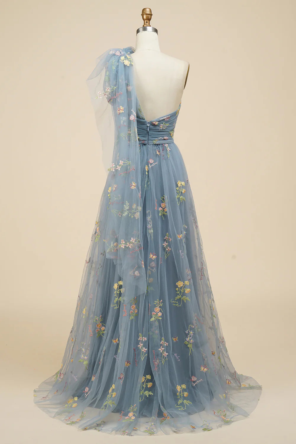 A-Line Grey Blue Tulle Floor-length Prom Dress With Embroidery