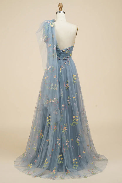 A-Line Grey Blue Tulle Floor-length Prom Dress With Embroidery