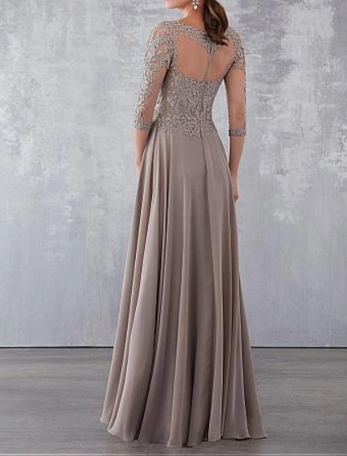 A-Line Mother of the Bride Dress Wedding Guest Elegant See Through Chiffon Lace 3/4 Length Sleeve