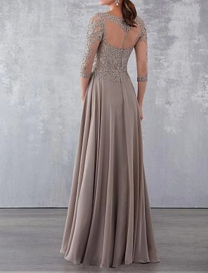 A-Line Mother of the Bride Dress Wedding Guest Elegant See Through Chiffon Lace 3/4 Length Sleeve