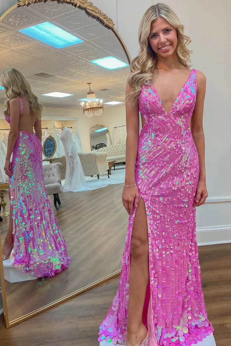 Pink Sequins V Neck Backless Mermaid Backless Long Prom Dress
